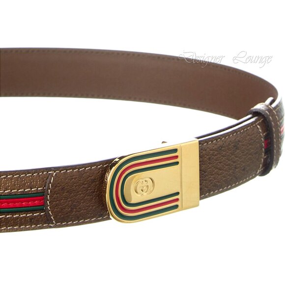 NEW GUCCI Men's Brown Leather WEB Stripe Gold GG Logo Buckle Belt Size 115 - Picture 10 of 12